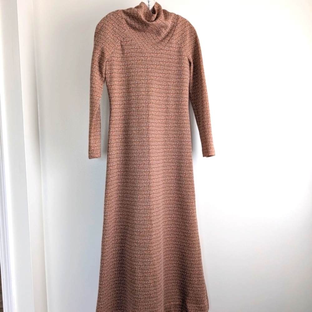 Brown Ribbed Cowl Neck Long Sleeve Dress